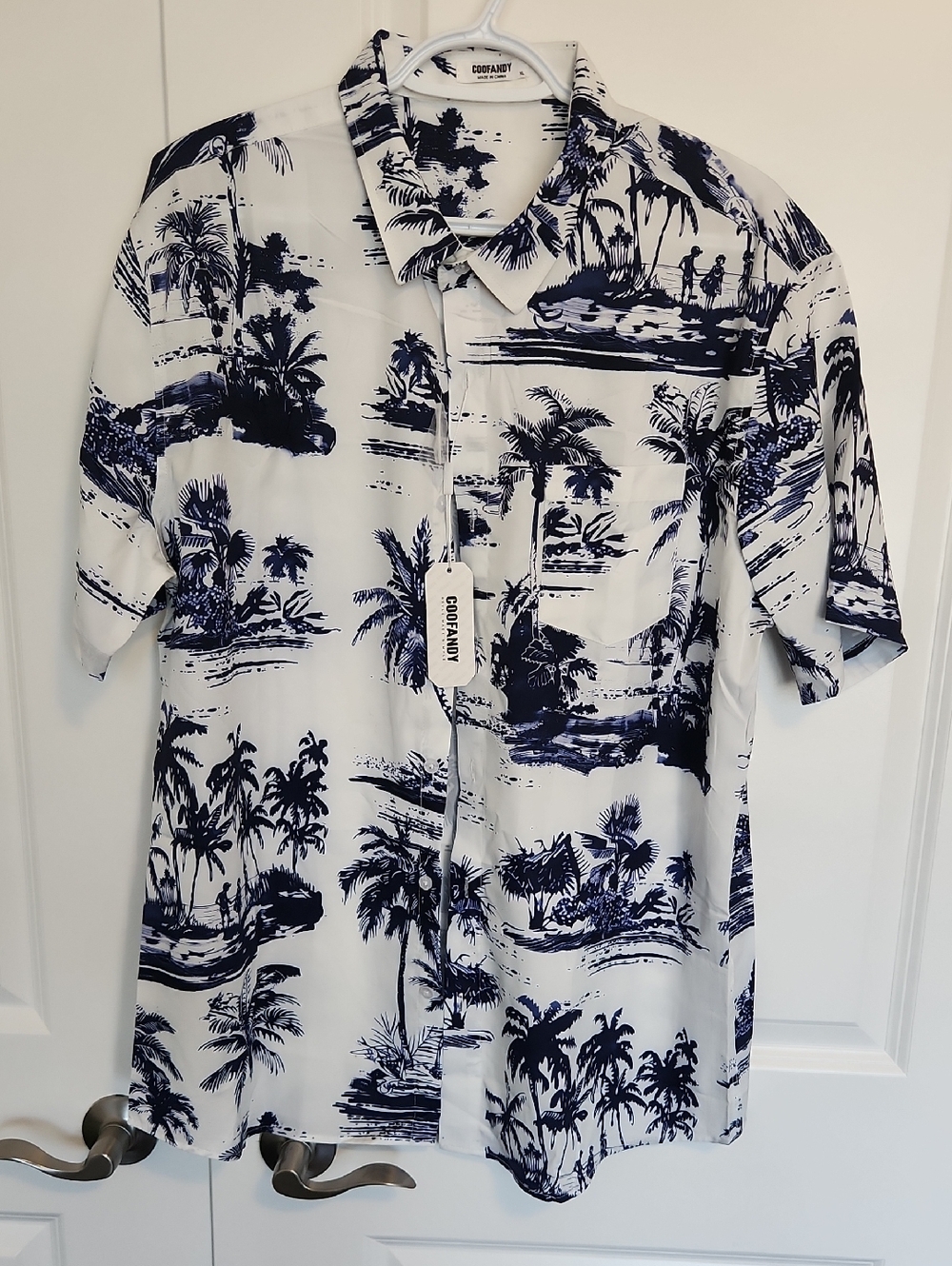 COOFANDY Men's White & Navy Tropical Print Button-Down Shirt